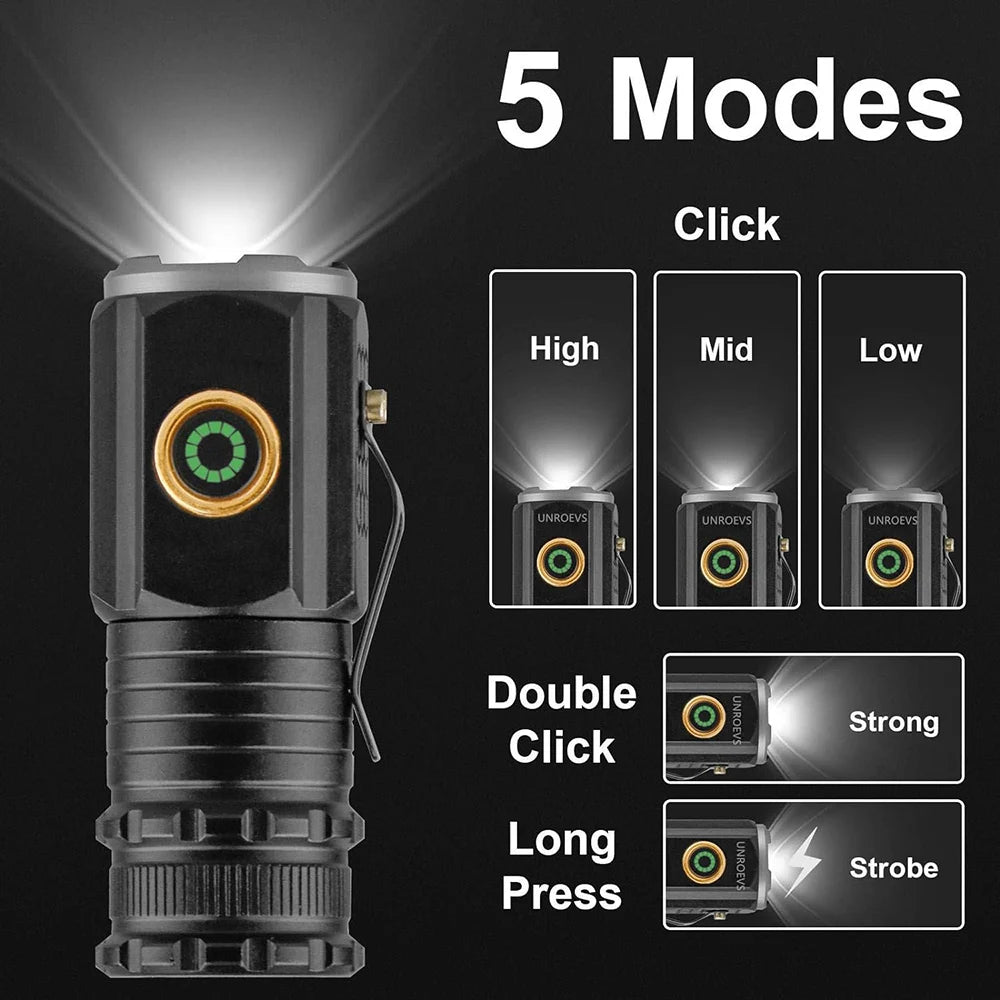 Powerful Mini LED Flashlight Super Bright Aluminium Pocket Torch Rechargeable Waterproof Hiking Camping Flash Light with Magnet
