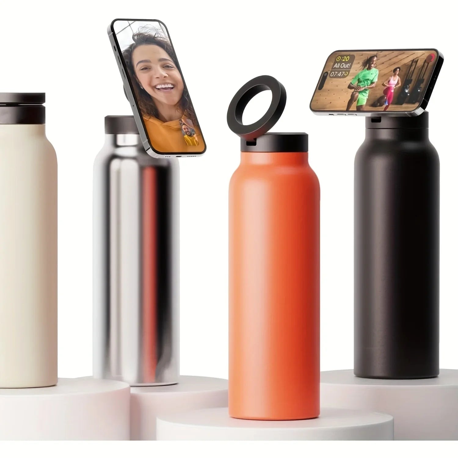 Stainless Steel Water Bottle with Phone Holder - Insulated, Foldable Tripod Stand for Outdoor, Car, Selfie Use - 700ml