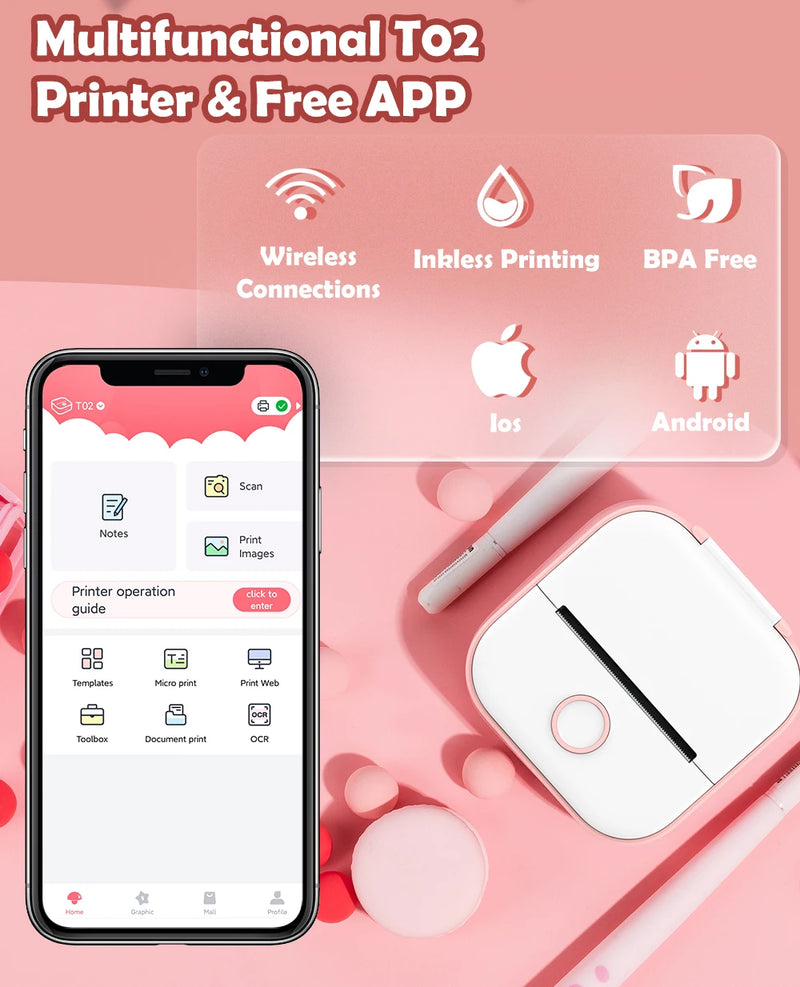 T02 Mini Thermal Printer Phomemo T02 Sticker Maker Machine Portable Bluetooth Pocket Printer Study Supplies for Photos Notes
