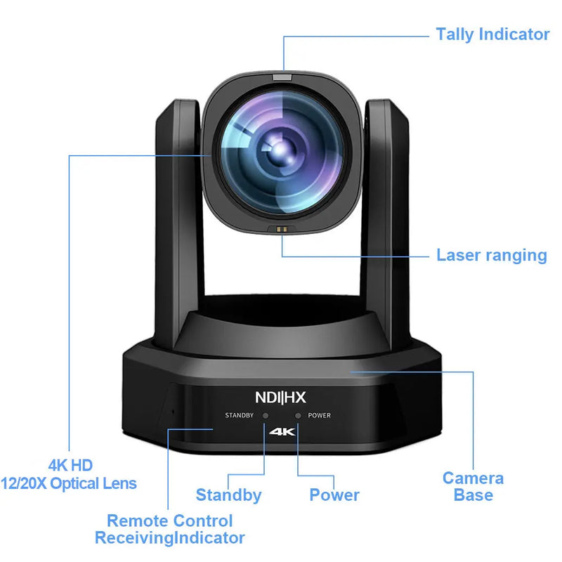 4K PTZ NDI Camera 12X 20X Optical Zoom AI Auto Tracking with PoE HDMI/SDI/USB/IP Live Streaming PTZ Camera for Church Services