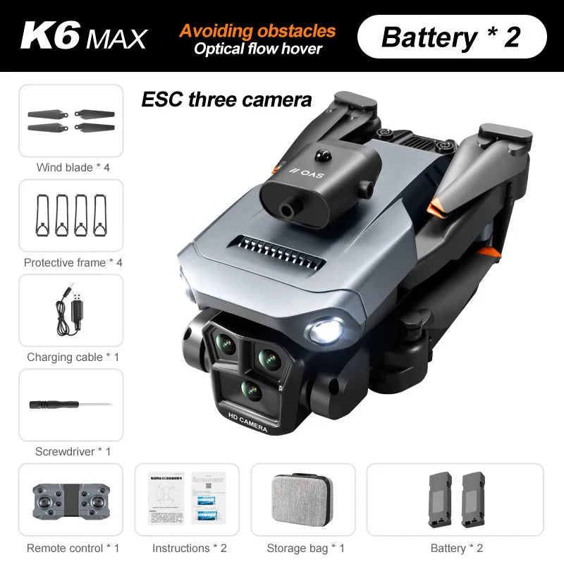 Dron profesional K6 Max 8K, cuadricóptero con GPS, tres cámaras HD, gran angular, flujo óptico, cuatro vías, evitación de obstác