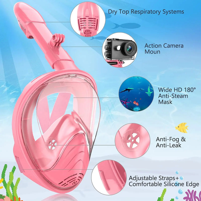 Kids Snorkel Mask Full Face, Snorkeling Set with Camera Mount, Foldable 180 Degree Panoramic View Snorkeling Gear Anti-Fog Leak