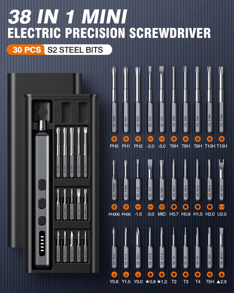 Mini Electric Screwdriver Set 38 in 1 Magnetic Screwdriver with 30 Bits 5 Torque Settings Multi-Function Repair Power Tool Set