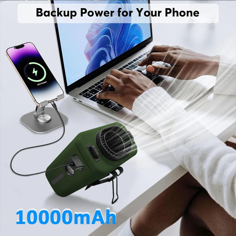 10000mAh Portable Waist Fan Mini Hanging Neck Fan USB Rechargeable Fan with Power Bank LED Light for Outdoor Camping Working