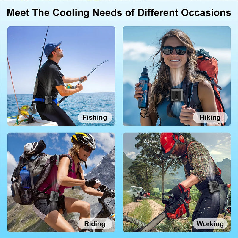10000mAh Portable Waist Fan Mini Hanging Neck Fan USB Rechargeable Fan with Power Bank LED Light for Outdoor Camping Working