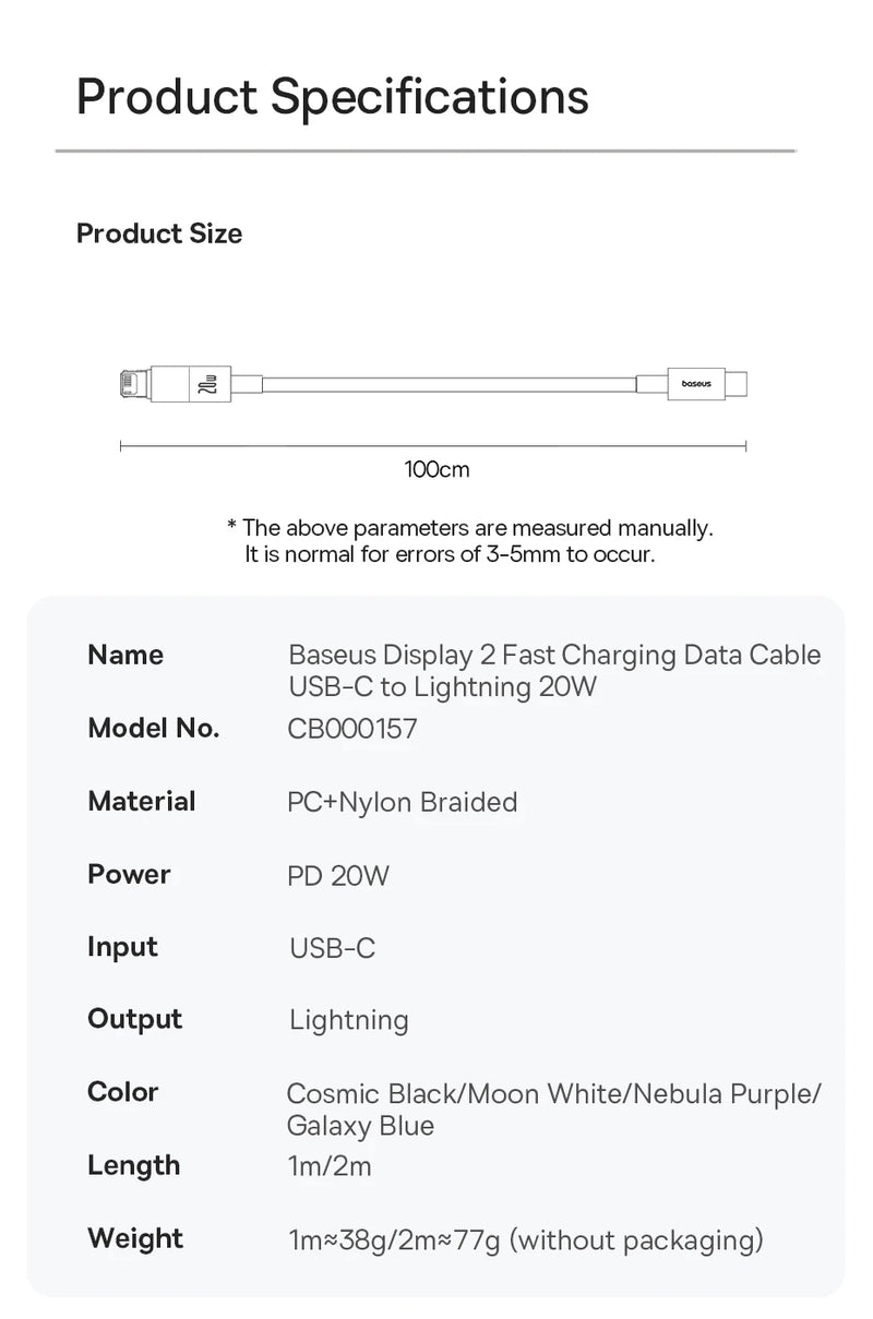 Baseus 20W USB C Cable For iPhone 14 13 12 LED Display USB Cable Type C for iPad Pro Fast Charging Data Wire