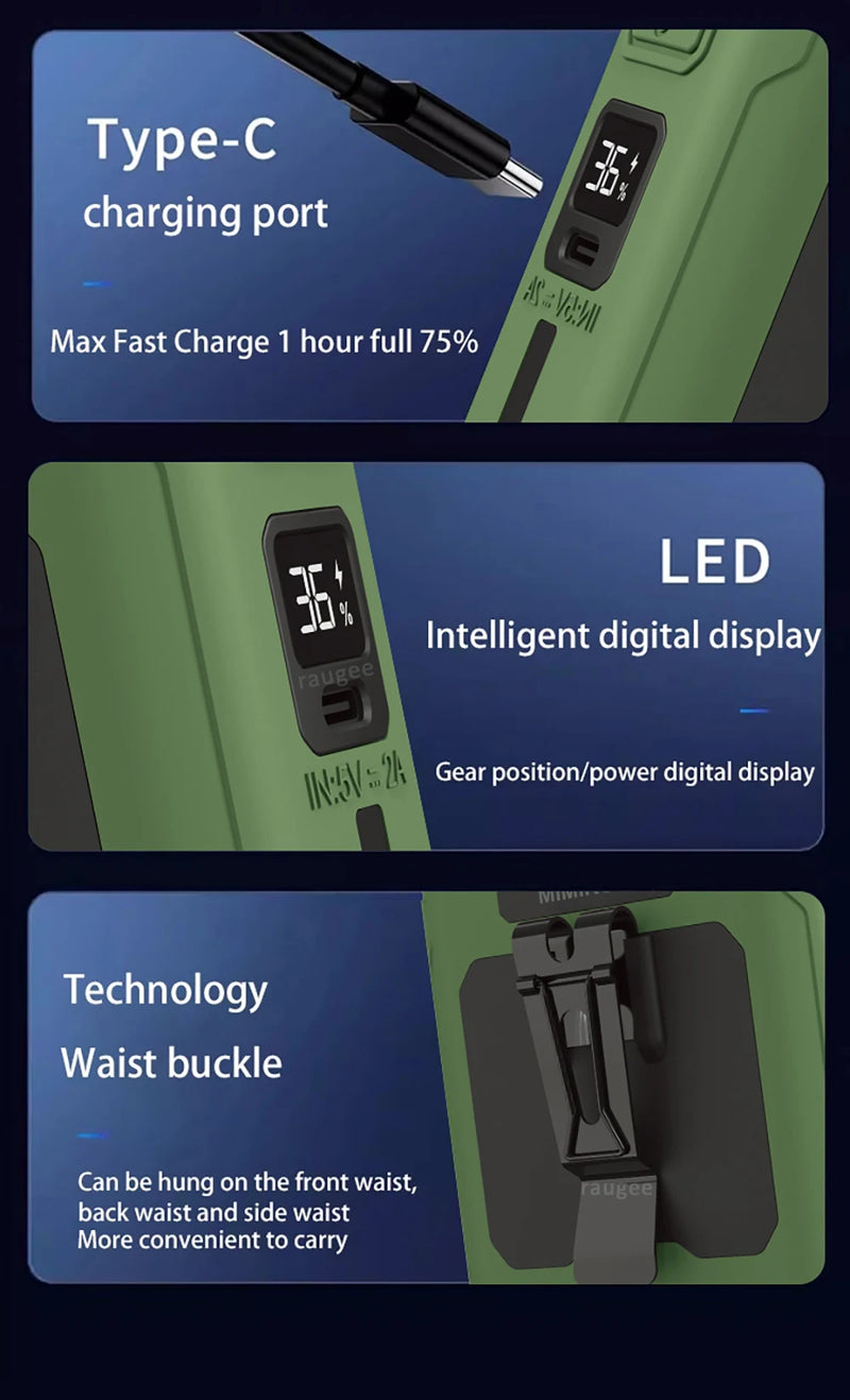 10000mAh Portable Waist Fan Mini Hanging Neck Fan USB Rechargeable Fan with Power Bank LED Light for Outdoor Camping Working
