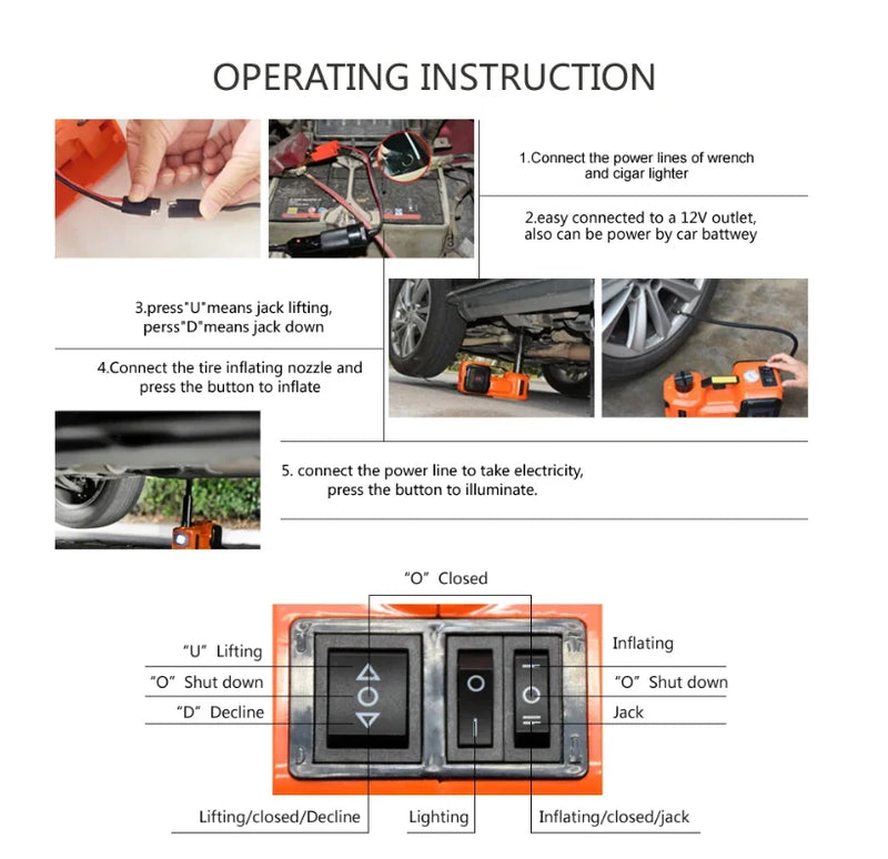 12V 5Ton Electric Car Hydraulic Jack with Tire Inflator Pump and LED Flashlight 3 in 1 Lift jacks With Safe Hammer Tools For Car