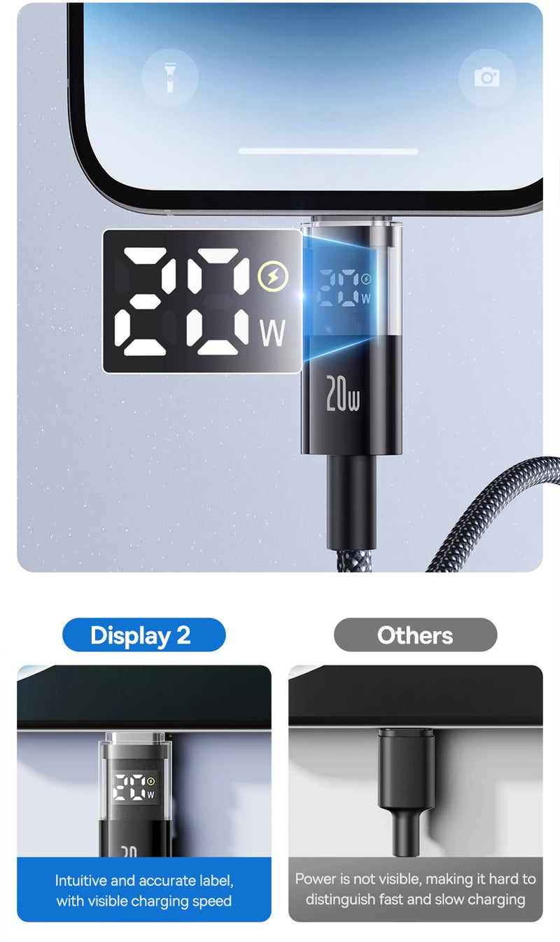 Baseus 20W USB C Cable For iPhone 14 13 12 LED Display USB Cable Type C for iPad Pro Fast Charging Data Wire