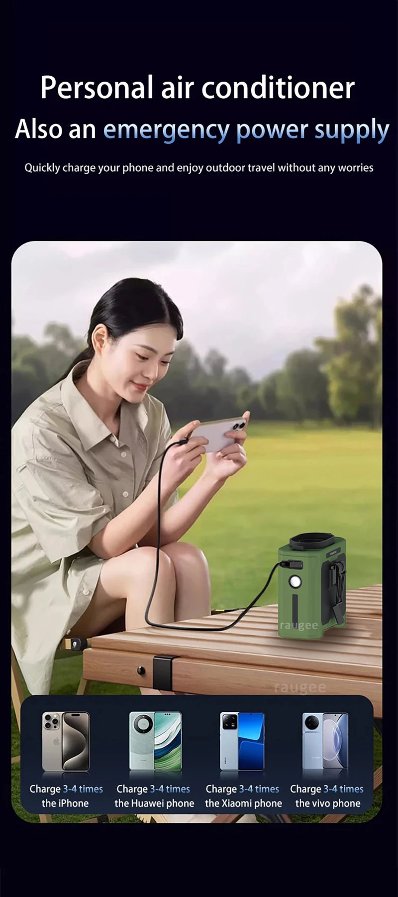 10000mAh Portable Waist Fan Mini Hanging Neck Fan USB Rechargeable Fan with Power Bank LED Light for Outdoor Camping Working