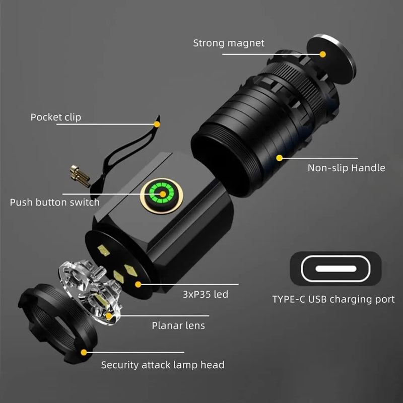 Powerful Mini LED Flashlight Super Bright Aluminium Pocket Torch Rechargeable Waterproof Hiking Camping Flash Light with Magnet