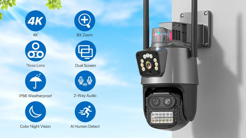 PTZ IP Camera 5K 9MP Wifi Camera 4K HD Dual Lens Security Protection Security CCTV Video Surveillance Camera Police Light Alarm