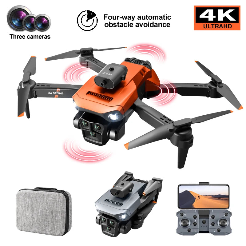 Dron profesional K6 Max 8K, cuadricóptero con GPS, tres cámaras HD, gran angular, flujo óptico, cuatro vías, evitación de obstác