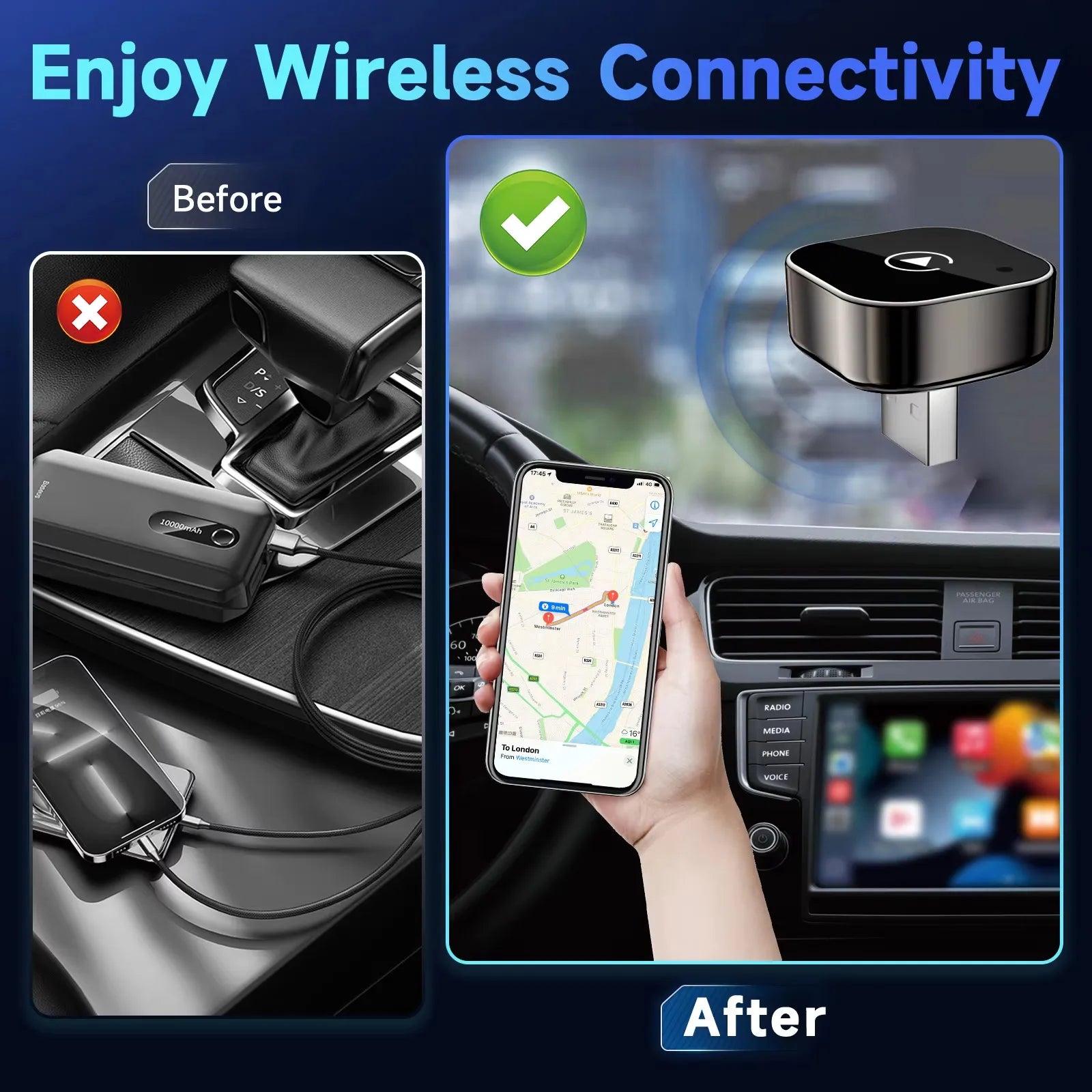 Car AI Box Carplay Android Auto Wireless Adapter 2 In 1 Mini Box Wireless Adapter Plug And Play 2.4-5.8GHz WiFi Bluetooth