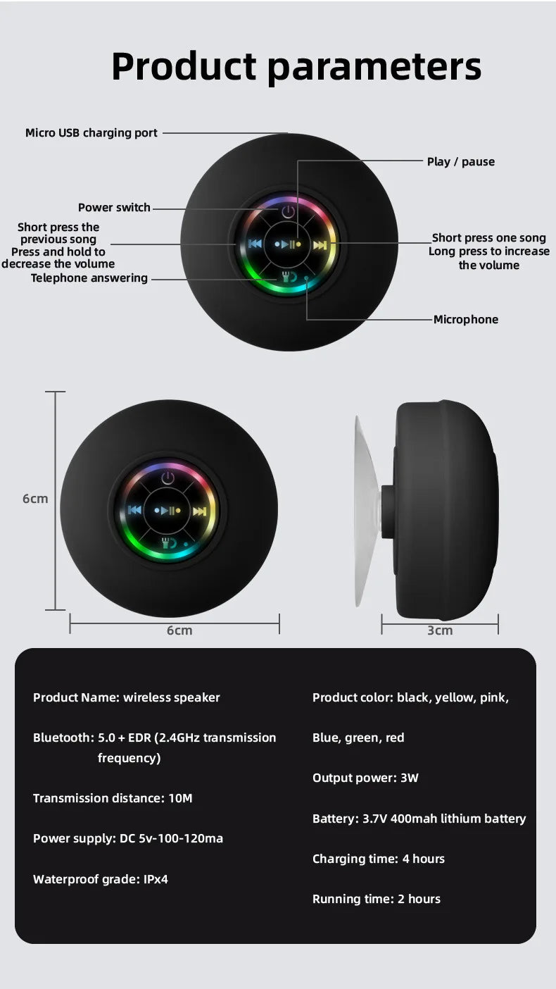 Mini Bluetooth Speaker Waterproof Bathroom Audio Wireless Shower Speakers RGB Light for Phone Soundbar Hand Free Car Loudspeaker