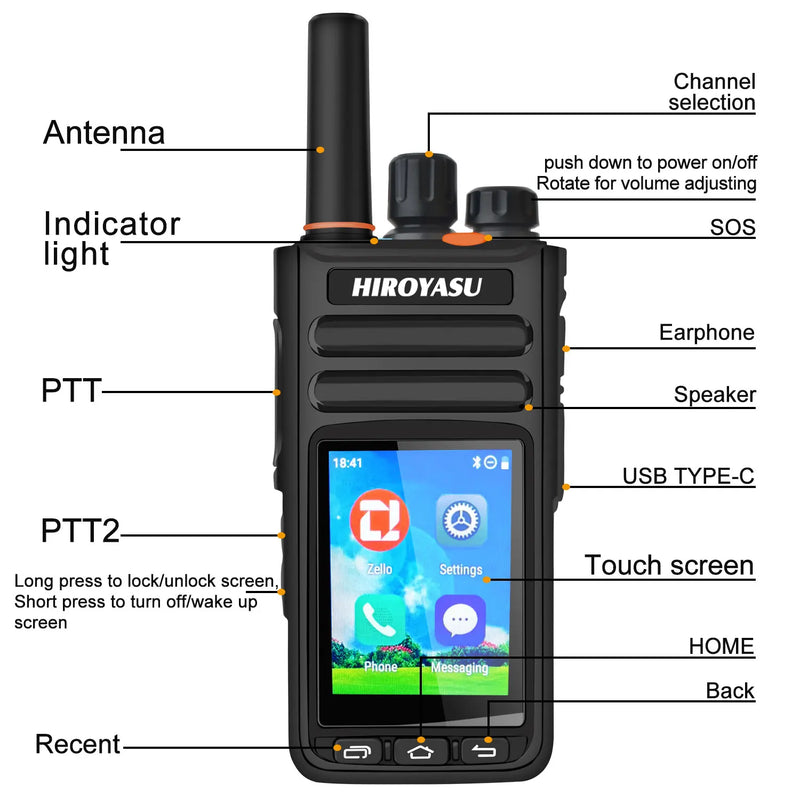 Hiroyasu HI-B8 2G 3G 4G LTE Cellular Network WIFI PoC FM Walkie Talkie 2GB+16GB Android9.0 Phone Call GPS 2.4"Touch Screen Radio