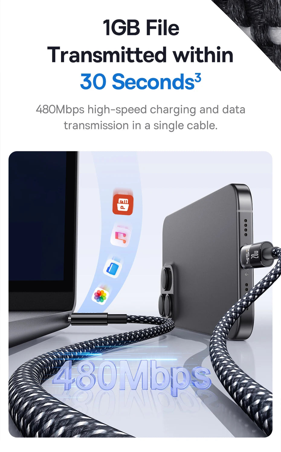 Baseus 20W USB C Cable For iPhone 14 13 12 LED Display USB Cable Type C for iPad Pro Fast Charging Data Wire