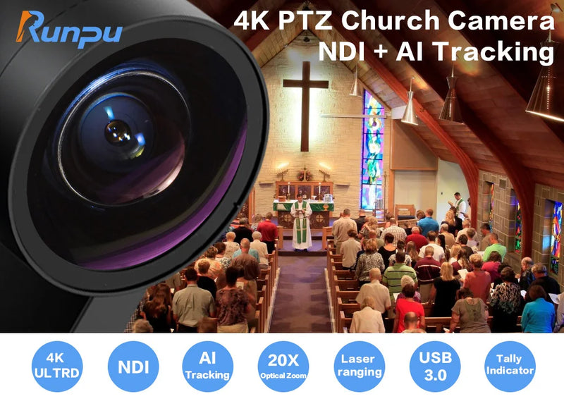 4K PTZ NDI Camera 12X 20X Optical Zoom AI Auto Tracking with PoE HDMI/SDI/USB/IP Live Streaming PTZ Camera for Church Services