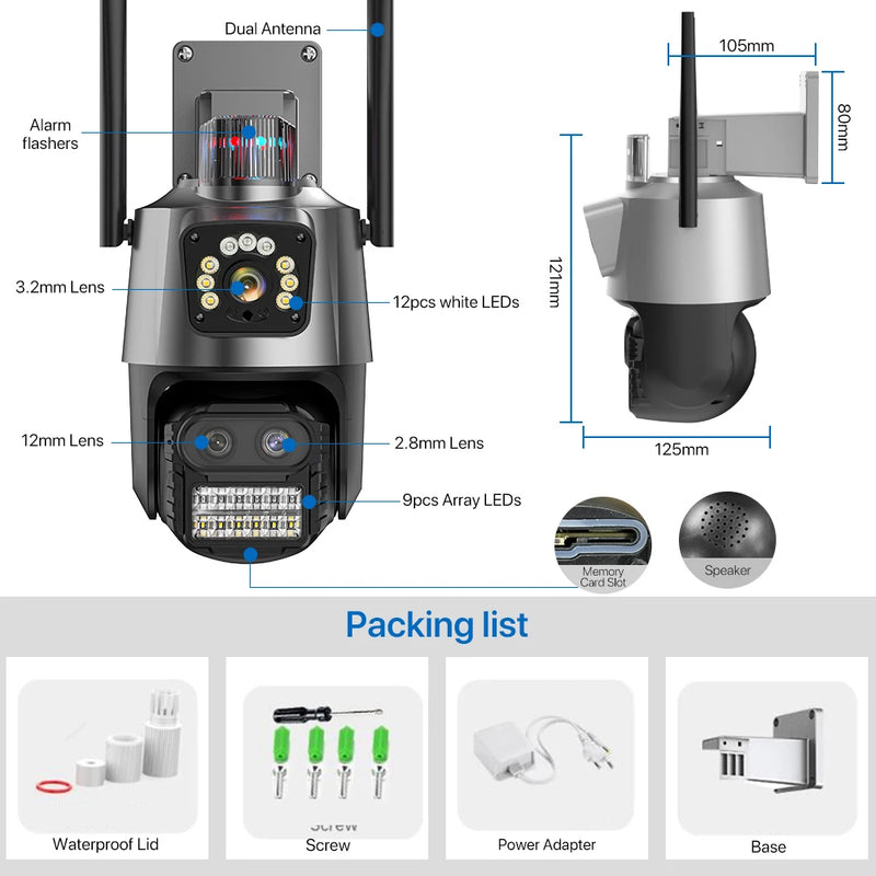 PTZ IP Camera 5K 9MP Wifi Camera 4K HD Dual Lens Security Protection Security CCTV Video Surveillance Camera Police Light Alarm
