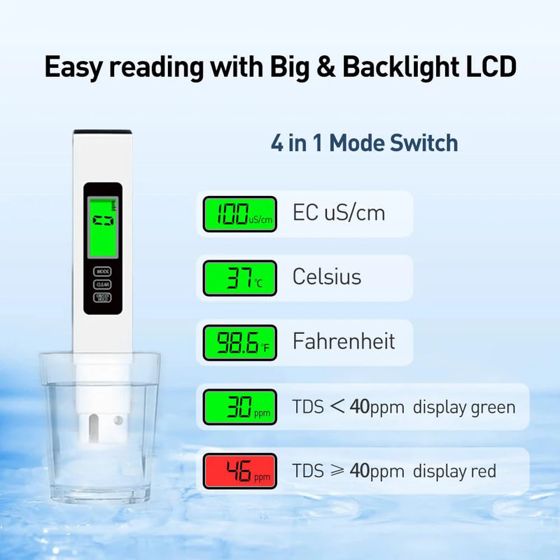3 in 1 TDS Meter Digital Water Quality Tester, EC/Temperature 0-9990 ppm, Portable with Carrying Leather Case for Drinking