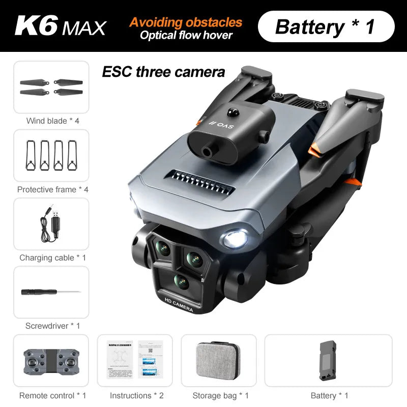 Dron profesional K6 Max 8K, cuadricóptero con GPS, tres cámaras HD, gran angular, flujo óptico, cuatro vías, evitación de obstác