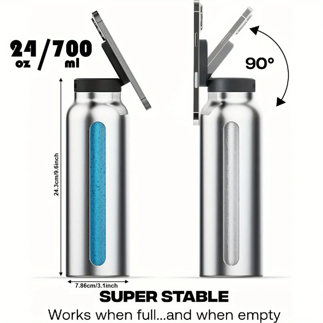 Stainless Steel Water Bottle with Phone Holder - Insulated, Foldable Tripod Stand for Outdoor, Car, Selfie Use - 700ml