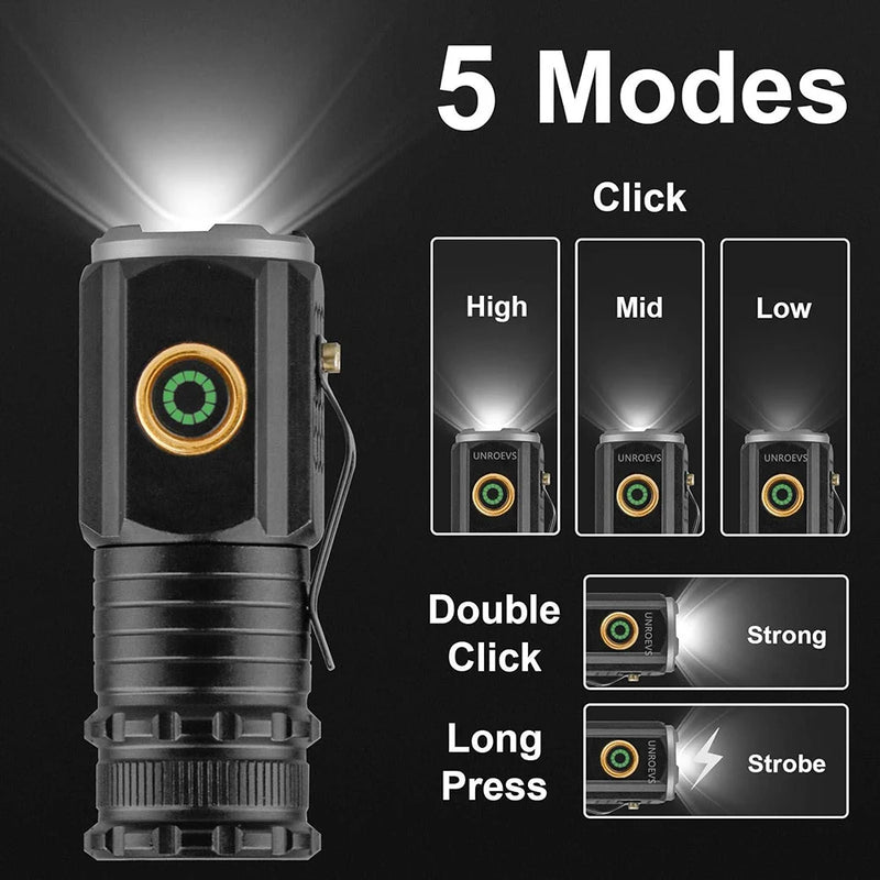 Powerful Mini LED Flashlight Super Bright Aluminium Pocket Torch Rechargeable Waterproof Hiking Camping Flash Light with Magnet