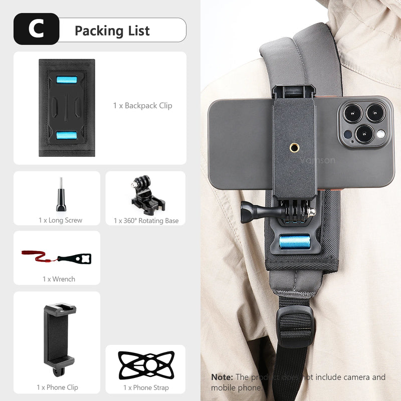 Vamson Universal Mobile Phone Holder Adjustable Cellphone Backpack Clip Mount for iPhone Bracket Smartphone Stand Fixed Hiking